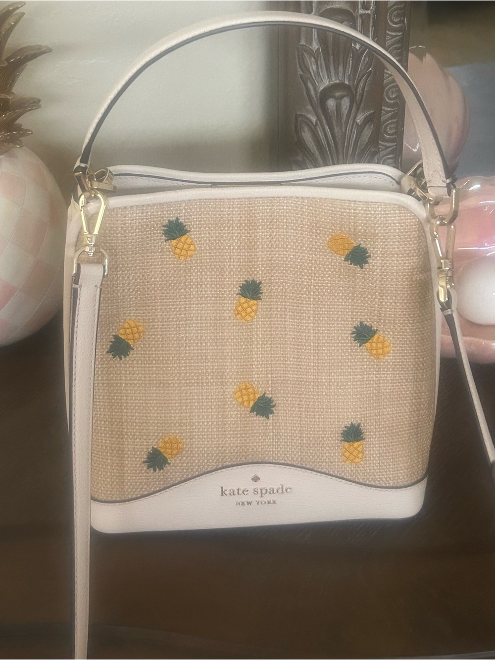 kate spade Straw Crossbody Bag with Yellow Pineapple Embroidery and Cream Trim
